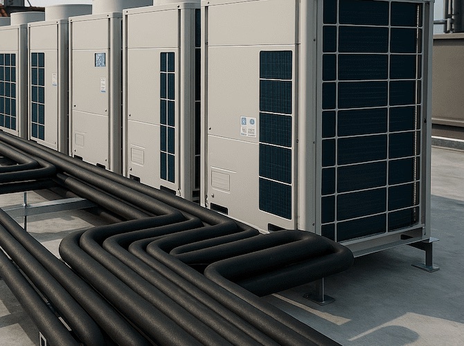 A bank of rooftop condensing units with the refrigeration pipework run out in front of them